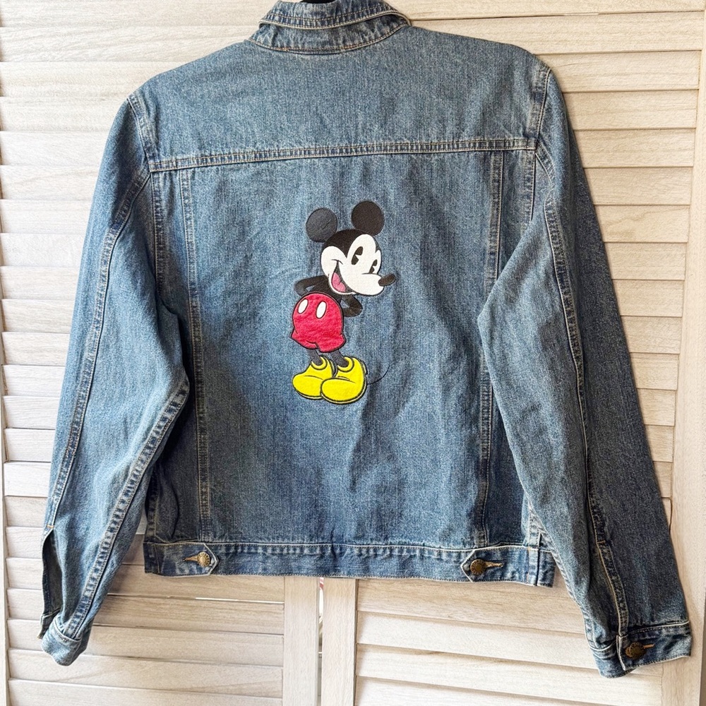 Disney Mickey Mouse Denim Jacket Blue Large Graphic Back Classic Jean Jacket